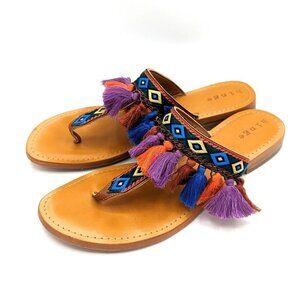 Hinge Barbo Sandals Aztec Southwestern Festive Tassel Flats Size 9 (39) Leather